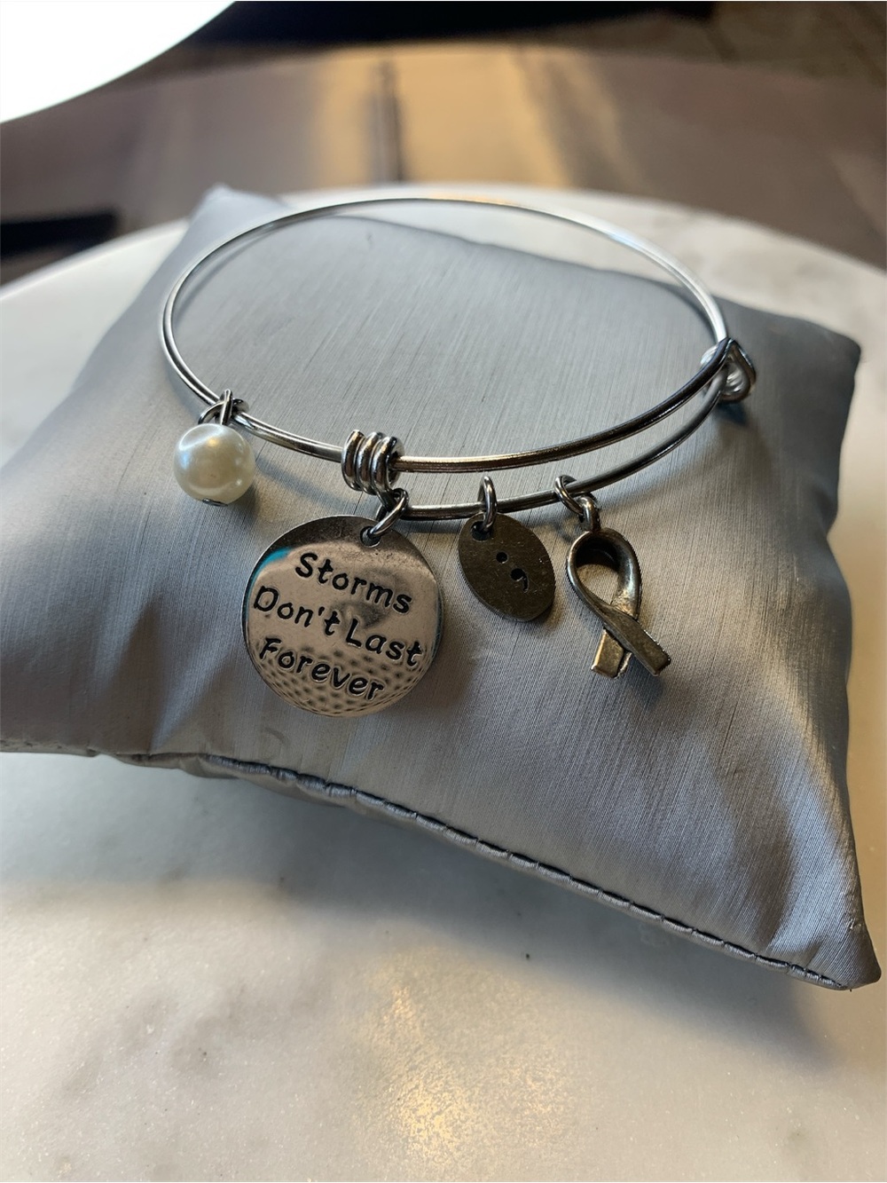 Silver 'Storms Don't Last Forever' Charm Bracelet with Pearl Accent